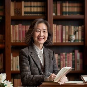 打屁股作文网创始人李薇女士的专业形象照，面带微笑，背景为温馨的书房环境，书架上摆满语文教材与儿童文学书籍，气质亲和专业