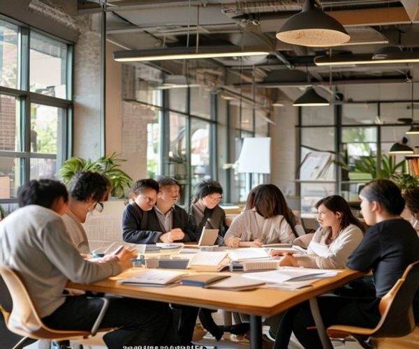 打屁股作文网团队在明亮温馨的办公室内围坐讨论作文教研内容，桌上摆放着各年级语文教材与手写稿，氛围轻松专注，体现专业与热情