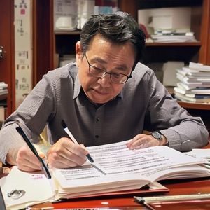 打屁股作文网资深内容总监陈明的工作照，正在审阅作文范文稿件，桌上摆放着红笔和修改稿，神情专注认真，体现内容把关的严谨态度
